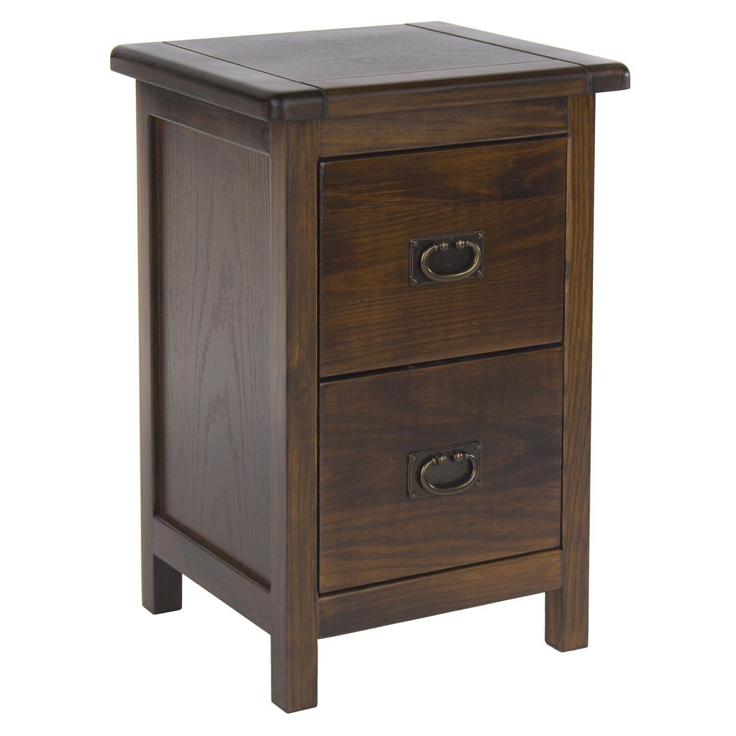 Dark Wood Bedside Cabinet Solid Pine 2 Drawer Side Table Nightstand Metal Handle