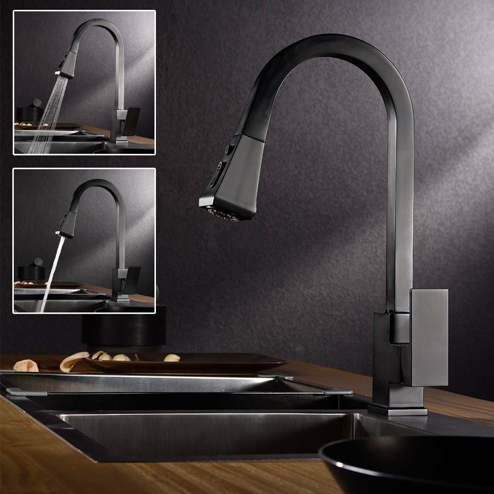 Black Kitchen Basin Pull Out Faucet Stainless Steel Mixer Spray Tap Swivel Sink