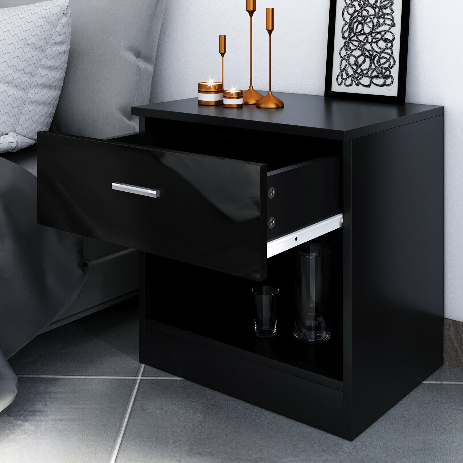 High Gloss Black Bedside Table Cabinet Storage with Drawer Bedroom Furniture UK