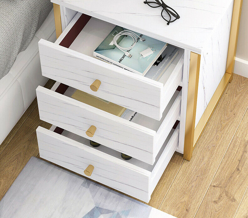3 Drawers Bedside Table Nightstand Cabinet Bedroom Storage Home White Marble UK