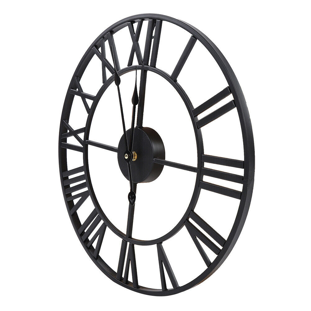 60cm Roman Numeral Wall Clock Indoor Outdoor Garden Metal 60CM Round Face Black