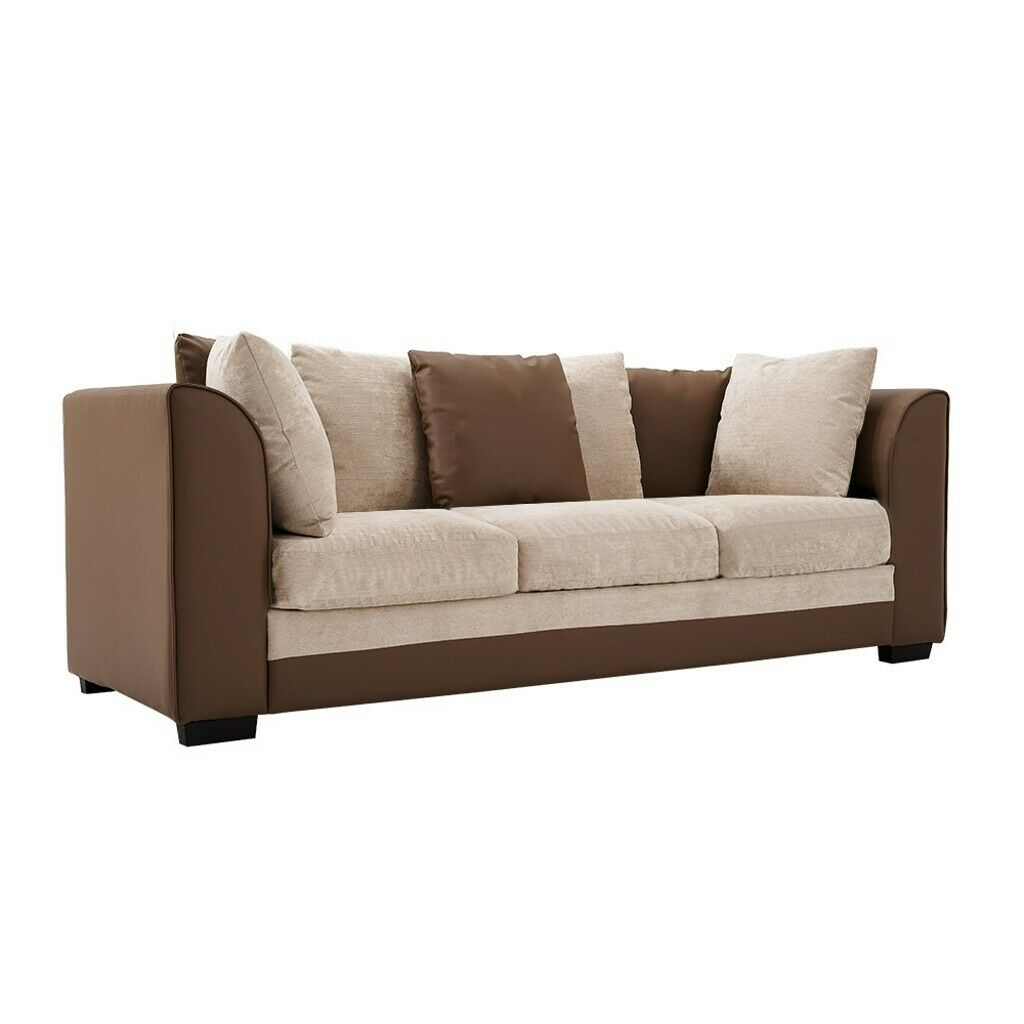 3 Seater Brown Beige Leather Fabric Sofa Armchair Couch with Footstool Option