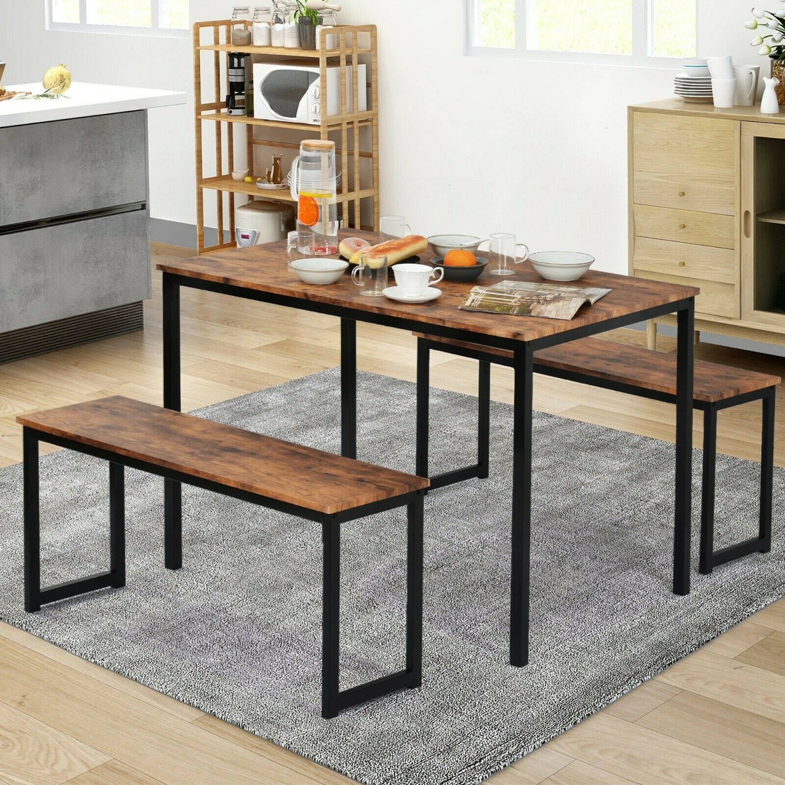 3-Piece Dining Table and Bench Set 4-Person Space-Saving Dinette for Kitchen UK