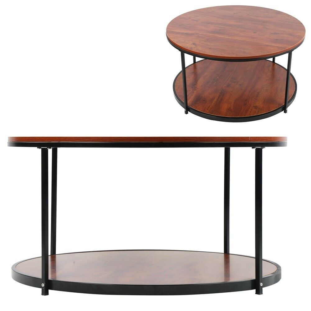 Industrial 2 Tier Round Coffee Tea Table Side End Living Room Storage Shelf Unit