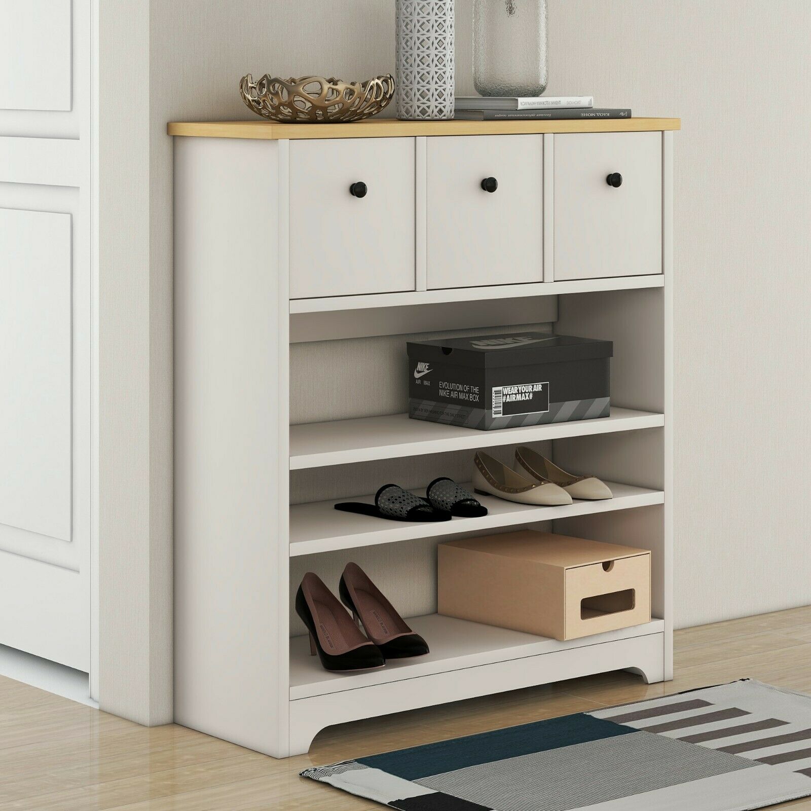 Wooden Side Cabinet 3 Tier Shoe Storage Cabinet Freestanding with Moveable Shelf