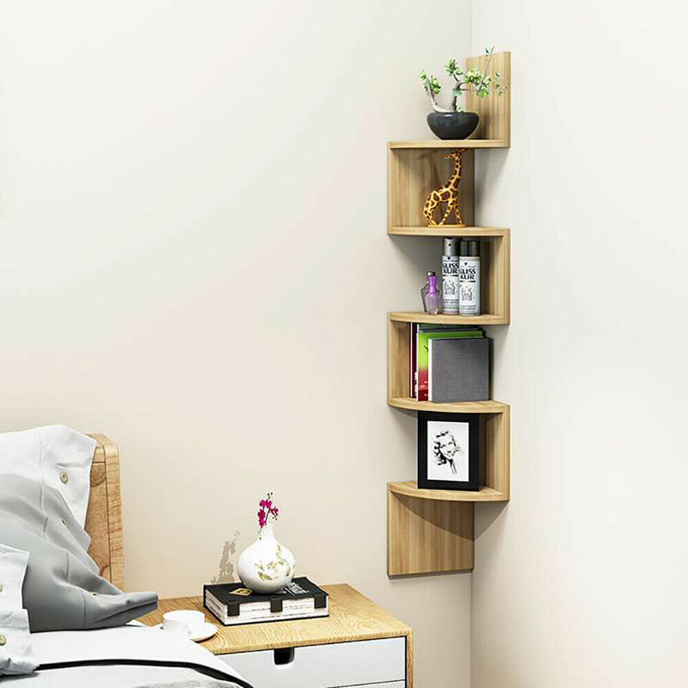 3/5 Tier Wood Floating Shelf Corner Wall Mounted Storage Display Shelf Bookcase