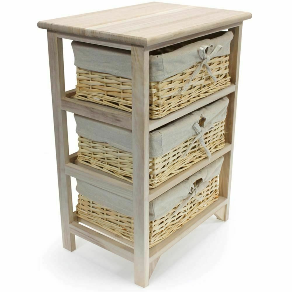 3 TIER DRAWERS WOODEN STORAGE CABINET RACK WICKER BASKETS BEDROOM UNIT FURNITURE