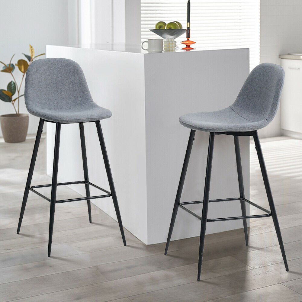 2x Grey Fabric Bar Stools Metal Leg Breakfast Pub Chair Kitchen Furniture Modern
