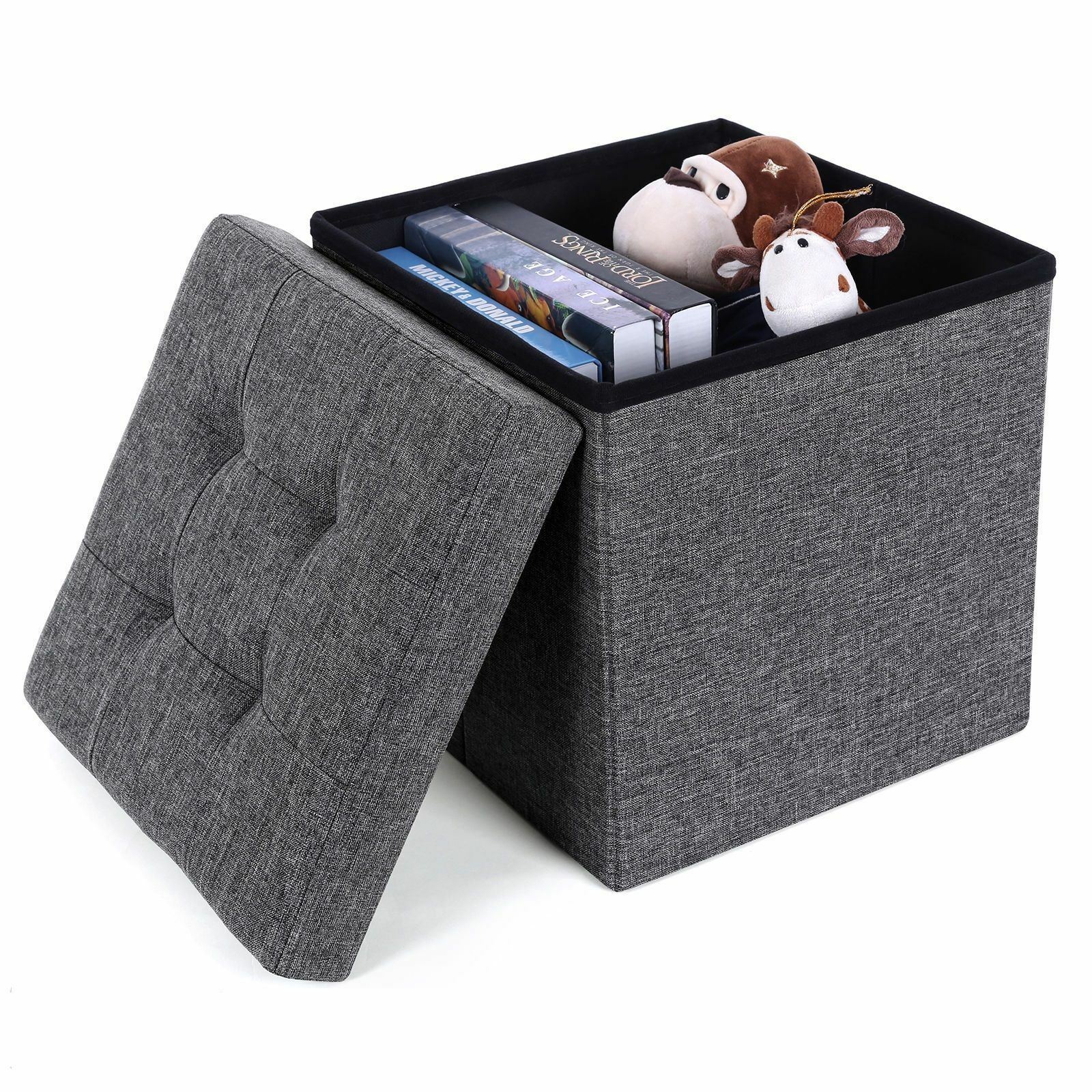 LARGE GREY FOLDING STORAGE OTTOMAN POUFFE FOOT STOOL STORAGE BOX SINGLE
