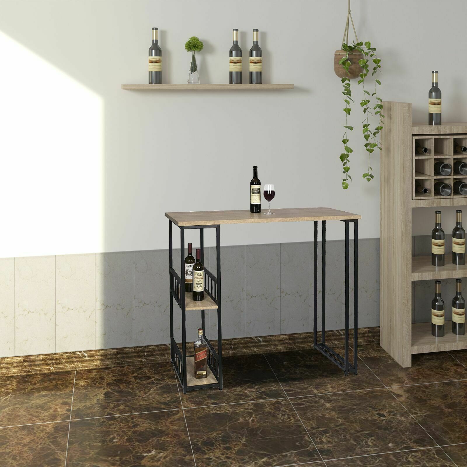 Bar Table Bistro Table MDF Metal Dining Table with 2-Tier Storage Rack Shelves