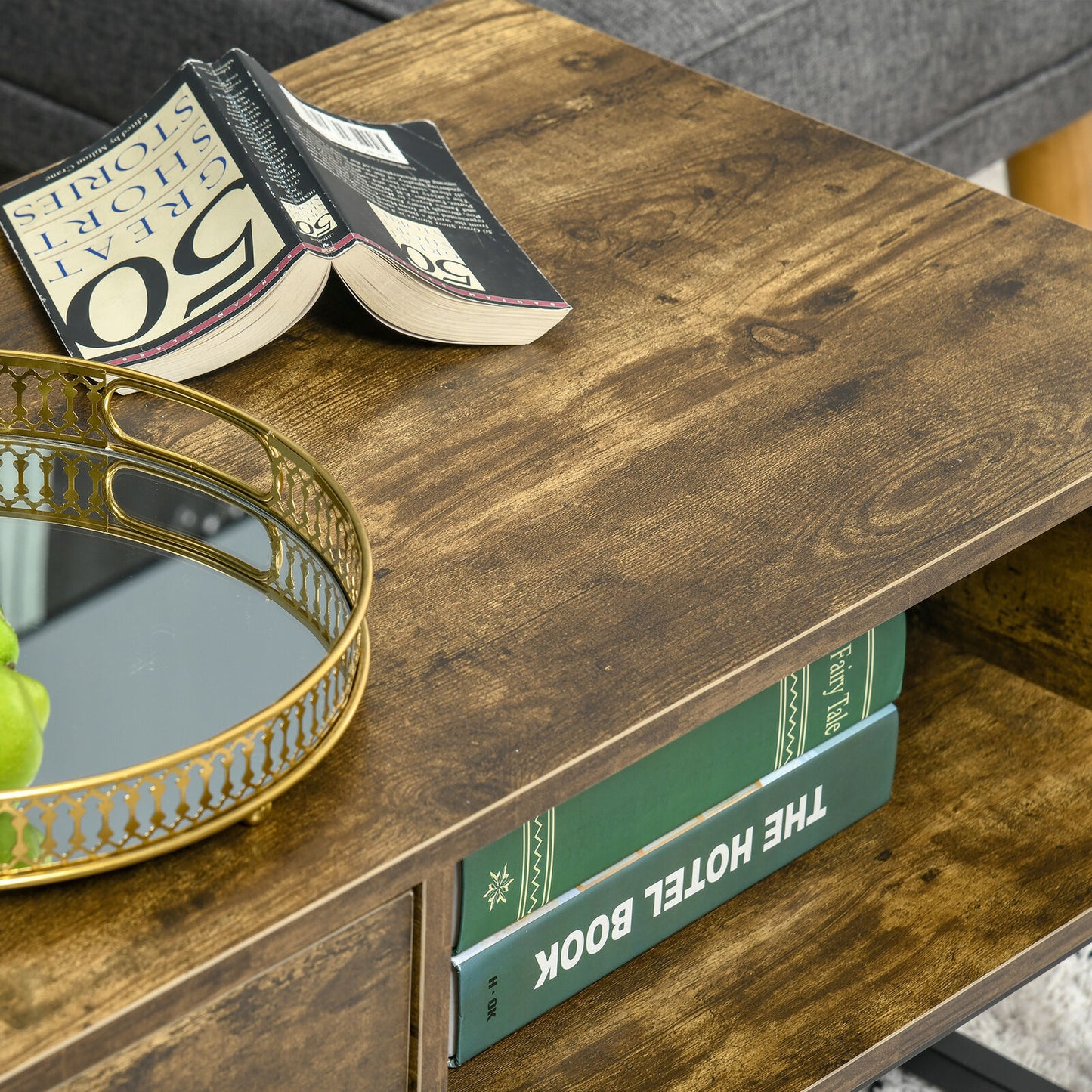 Industrial Coffee Table with Shortage Shelf & Drawer End Table Metal Frame Brown