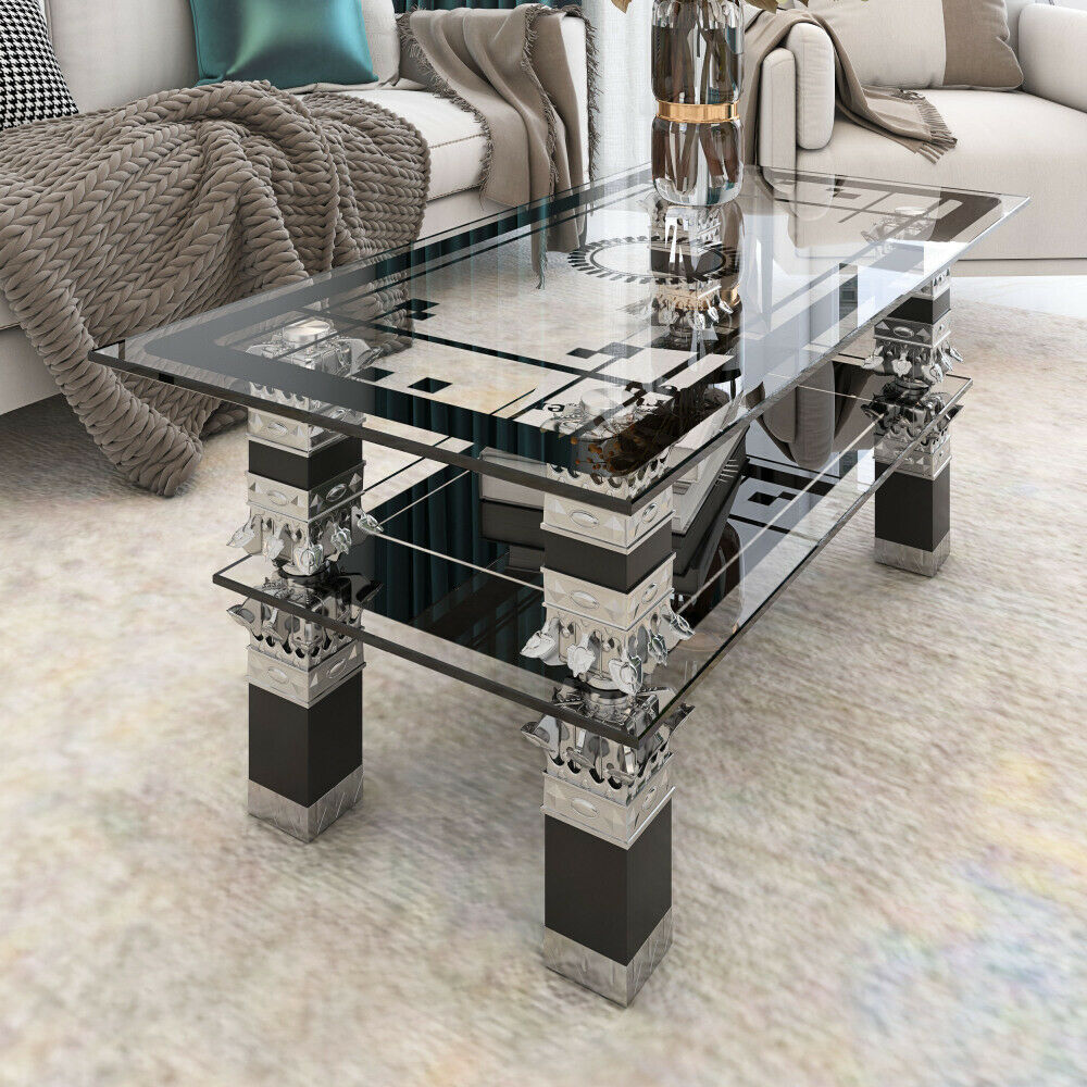 Glass Living Room Coffee Table With Lower Shelf Black Modern Rectangle Tea Table
