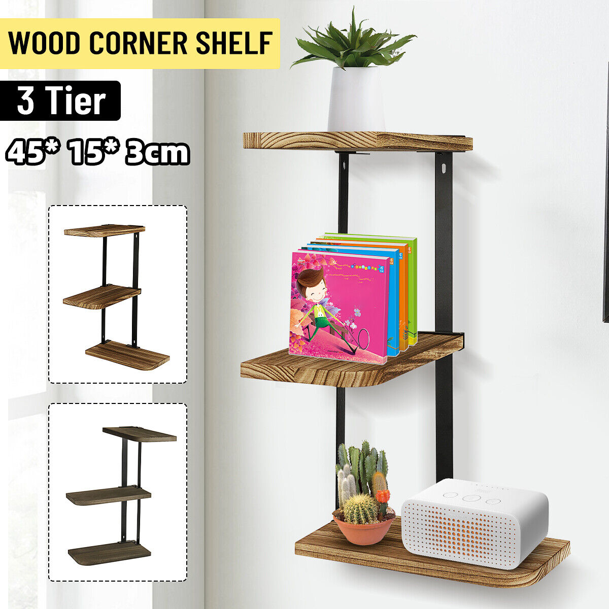 3 Tiers Rustic Wood Corner Shelf Home Display Storage Rack Wall Floating Shelf