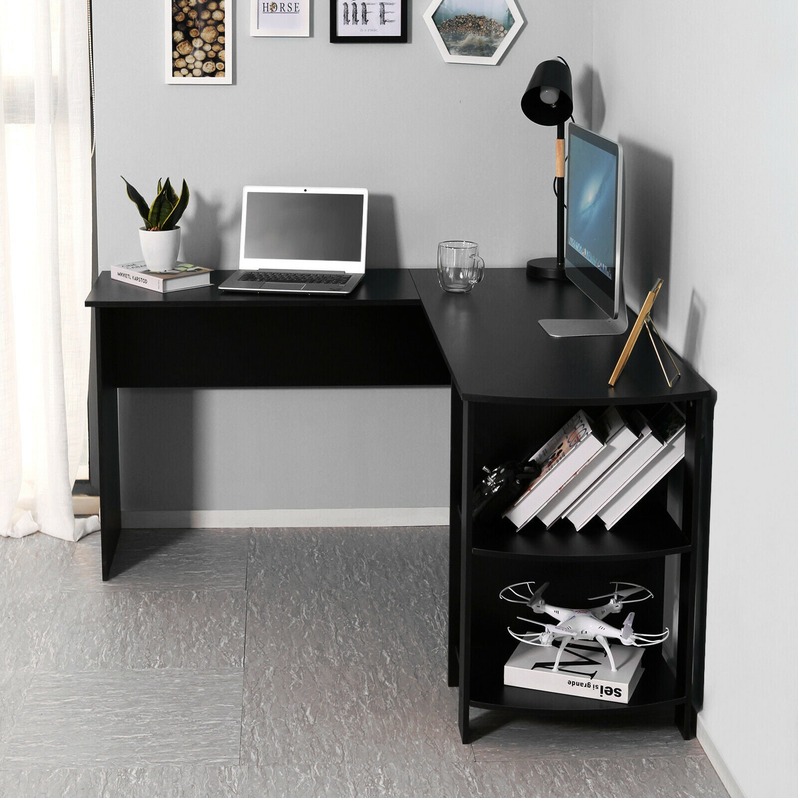 L-shaped Corner Computer Desk PC Table Workstation Home Office Furniture Black