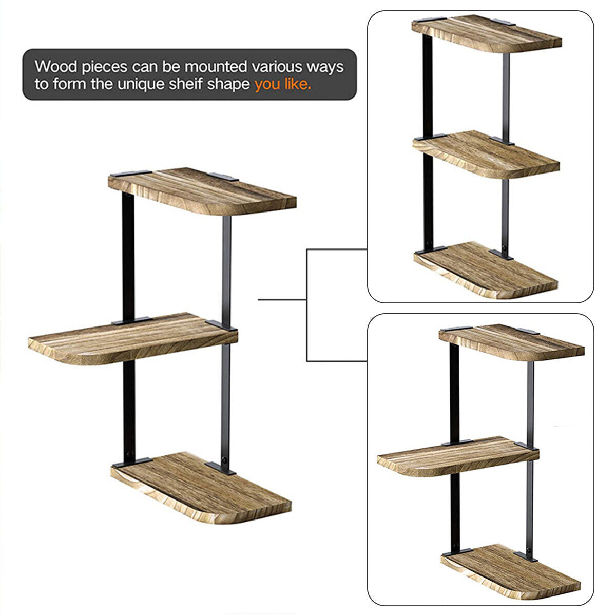 3 Tiers Rustic Wood Corner Shelf Home Display Storage Rack Wall Floating Shelf