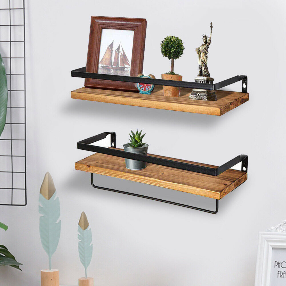 2X Rustic Wall Shelf Kitchen Storage Spice Rack Wooden Towel Holder Display Rack