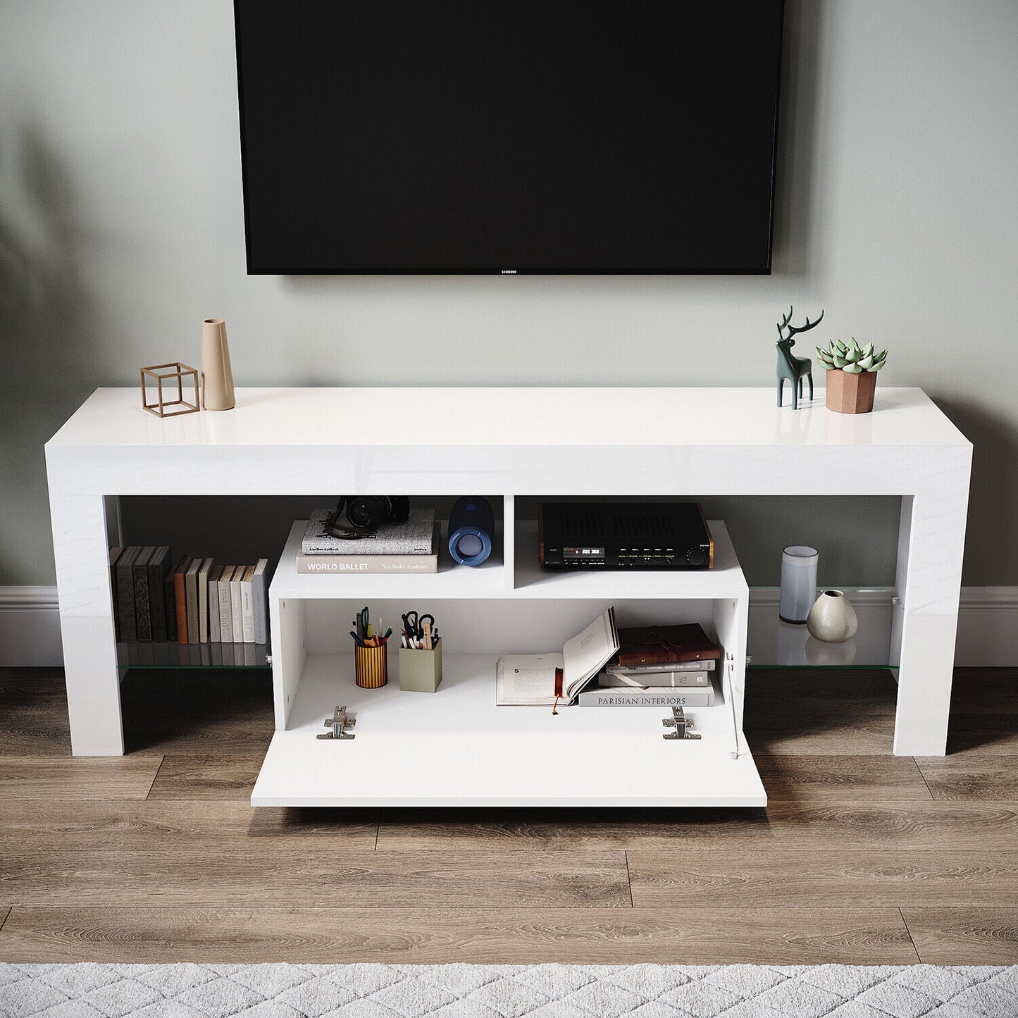 High Gloss White 140cm TV Stand Cabinet Unit Drawer Sideboard with LED Lights