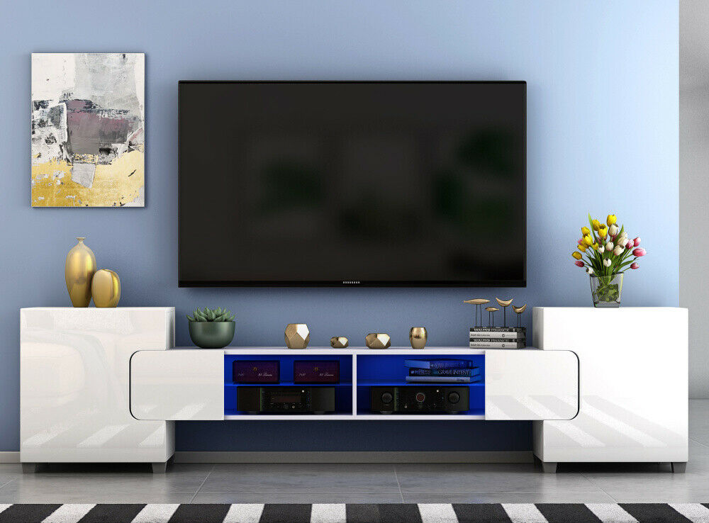 Modern Large 230cm TV Unit Stand Cabinet High Gloss Doors Shelves FREE RGB LED