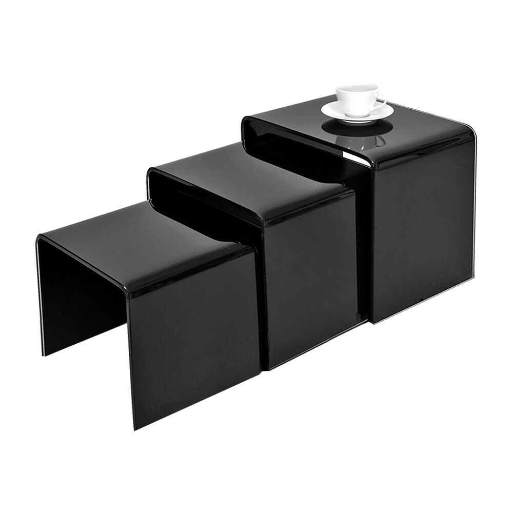 Set of 3 Glass Nest of Side Tables for Cafe Home Tea Coffee Curved Glass Table