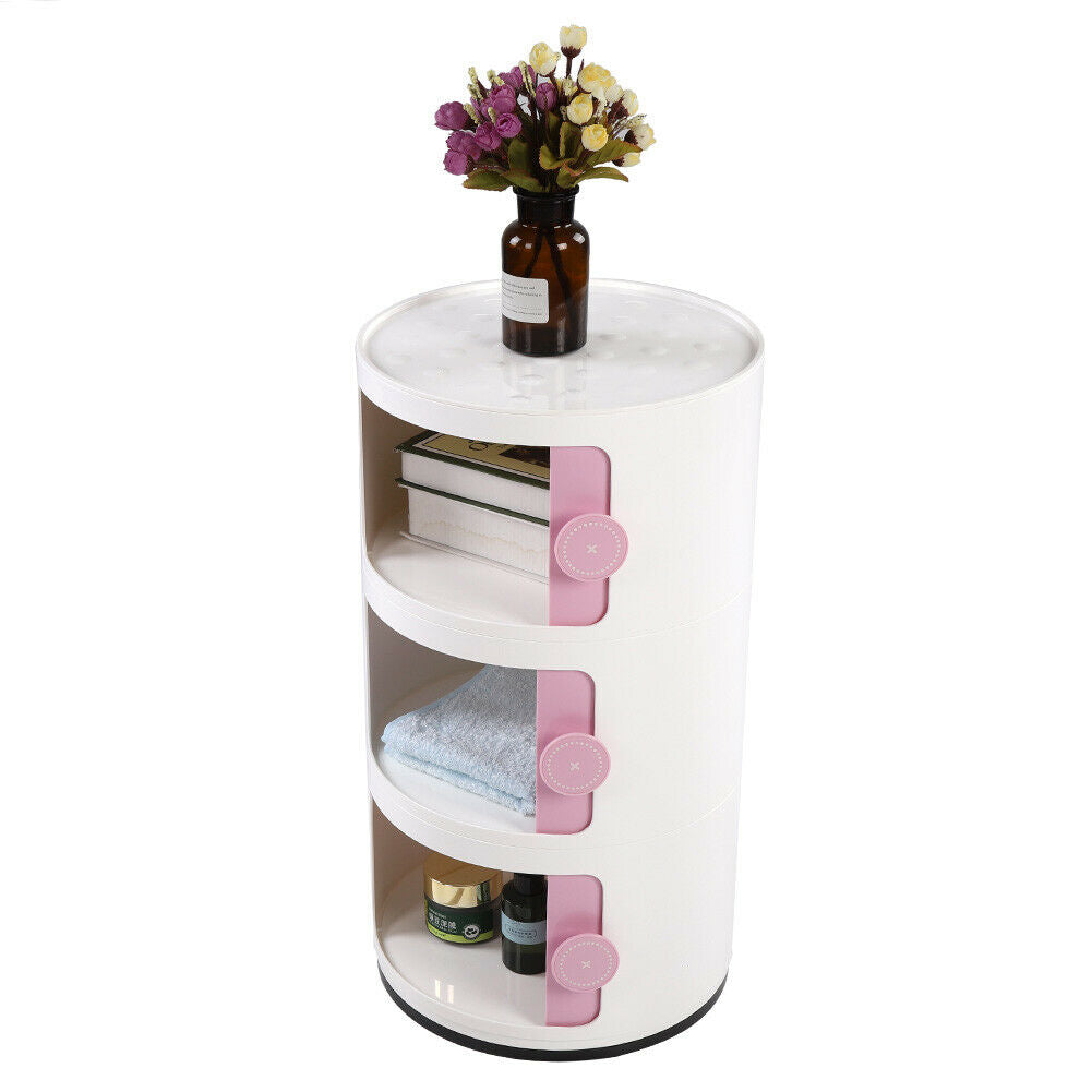 3 Tier ABS Plastic Round Storage Unit Beside Drawers Office Bathroom Cabinet