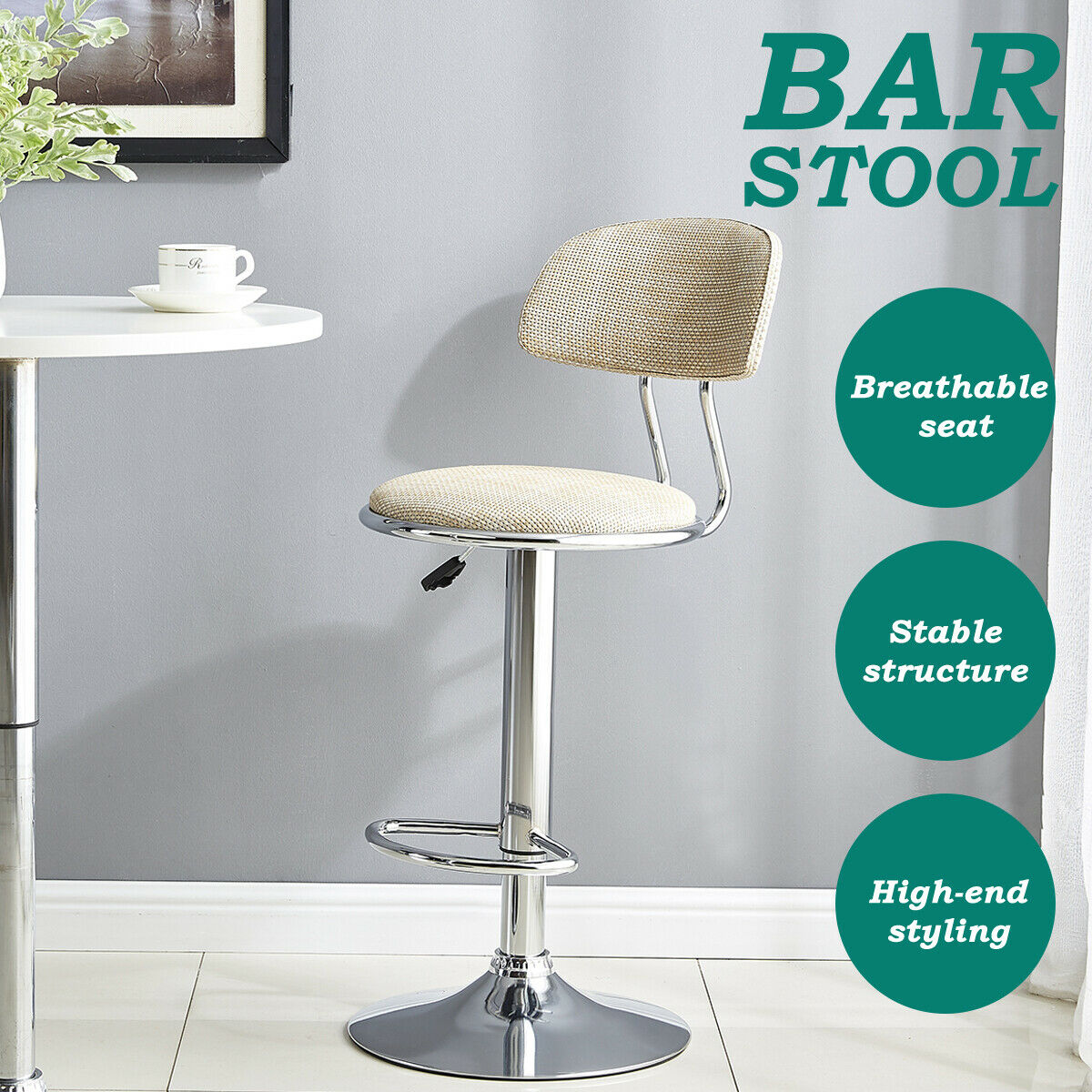 Bar Stools x2 Beige Swivel Barstools Gas Lift Rest Pub Chairs Kitchen Breakfast