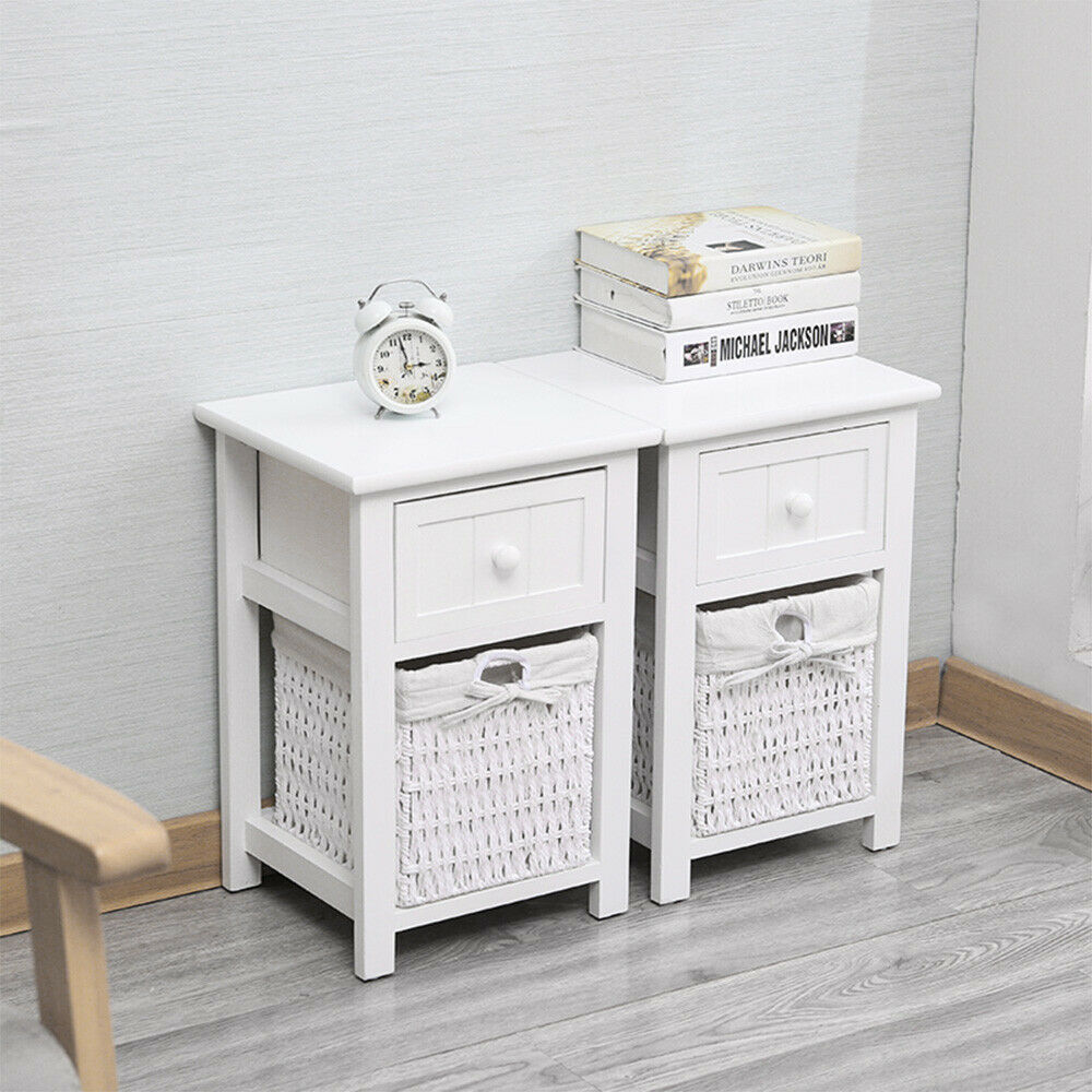 A Pair of Wooden Bedside Tables Storage Drawer Wicket Baskets Nightstand Cabinet