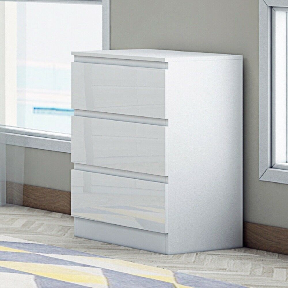 White High Gloss Deep 3 Drawer Bedroom Modern Chest of Drawers. Matt white frame