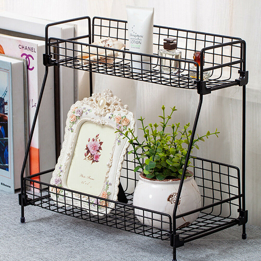 2 Tier Iron Rack Wire Basket Storage Container Desktop Shelf Kitchen Bathroom uk