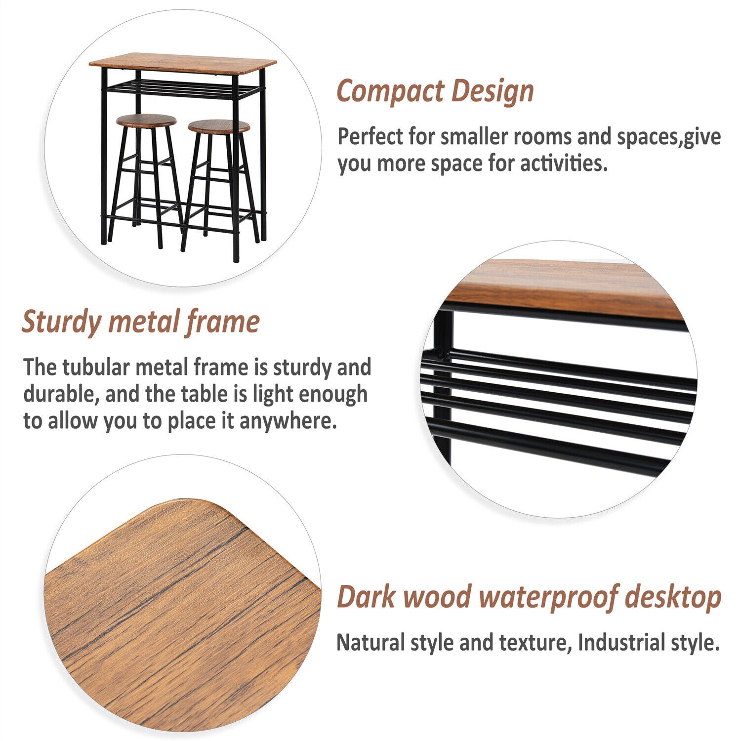 Breakfast Bar Table & 2 Stools Dining Table and Chairs Set Kitchen Furniture HT