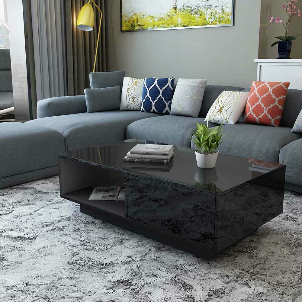 Modern High Gloss Coffee Table With Storage Drawers RGB LED Living Room Wooden