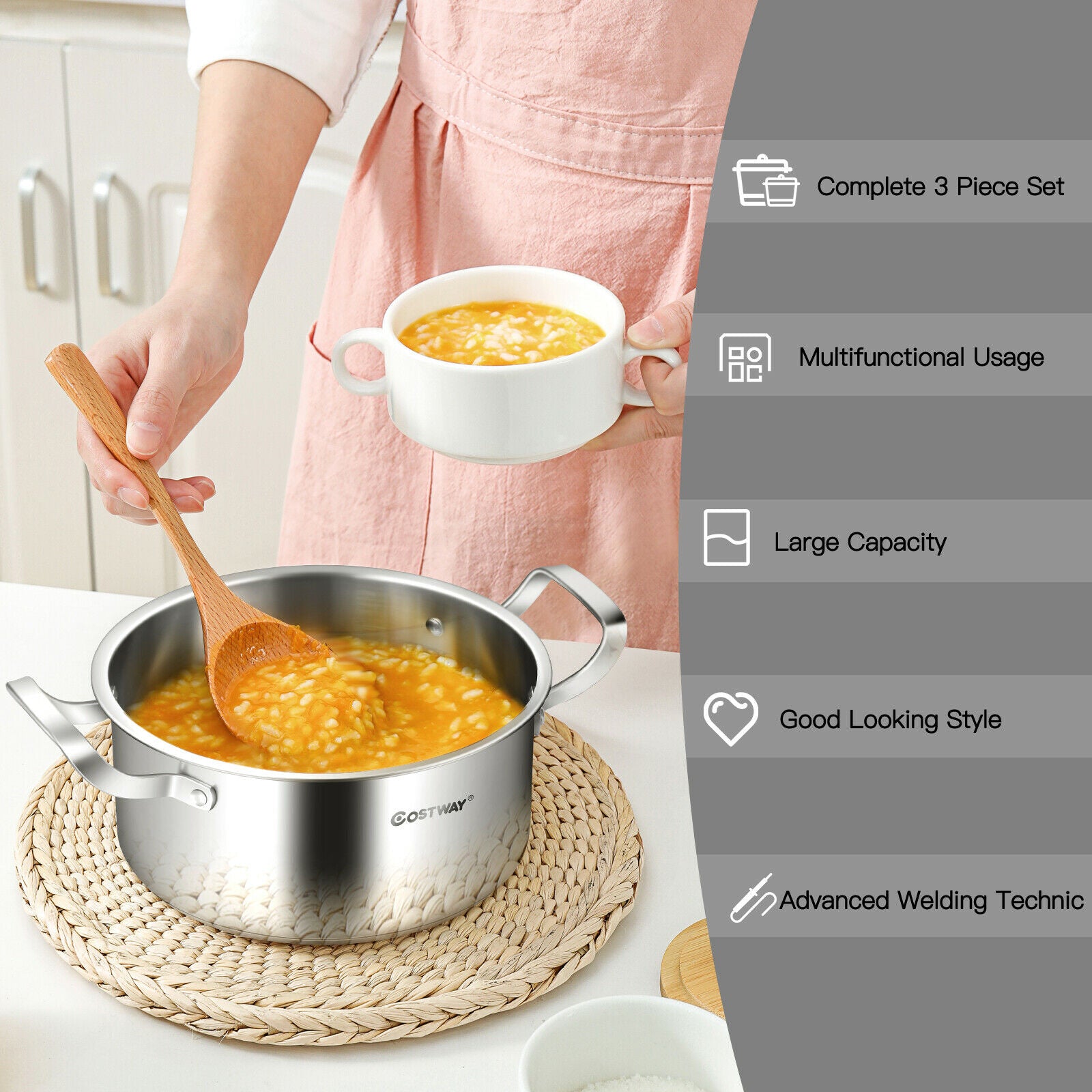 3 Piece Stainless Steel Pot Kitchen Cookware Set W/ Frying Pan Stockpot Milk Pot