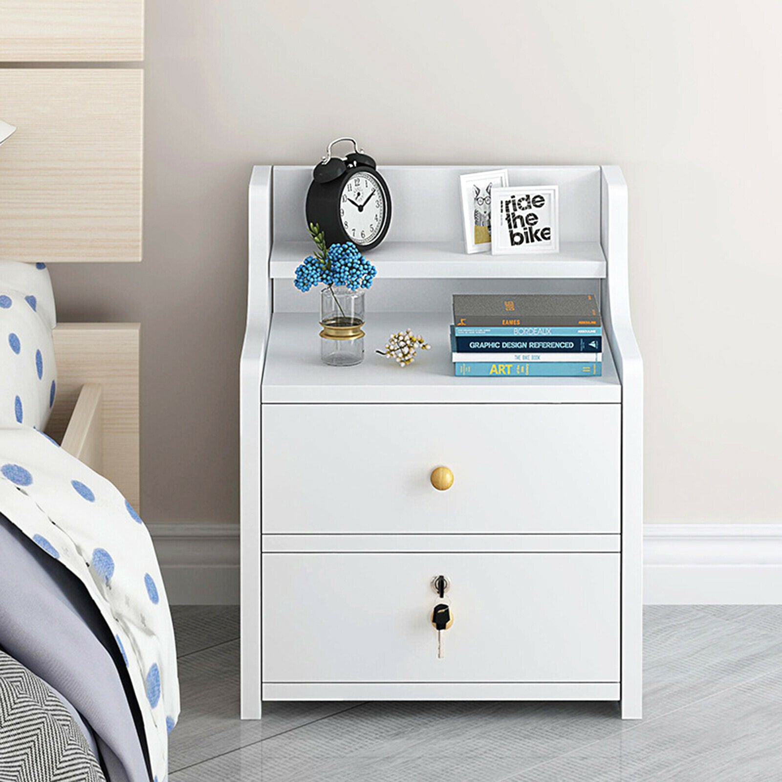 Bedside Tables NightStand Cabinet Chest Storage With Lock key 2/3 Drawer Bedroom