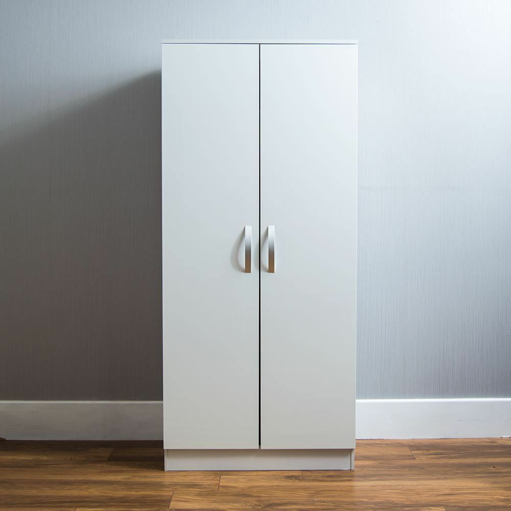 2 Door Wardrobe High Gloss Hanging Shelf Solid Wood Bedroom Storage White
