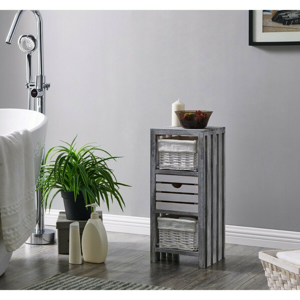 Bedside Table Unit Cabinet Wicker Basket Nightstand Drawer Storage Bathroom New