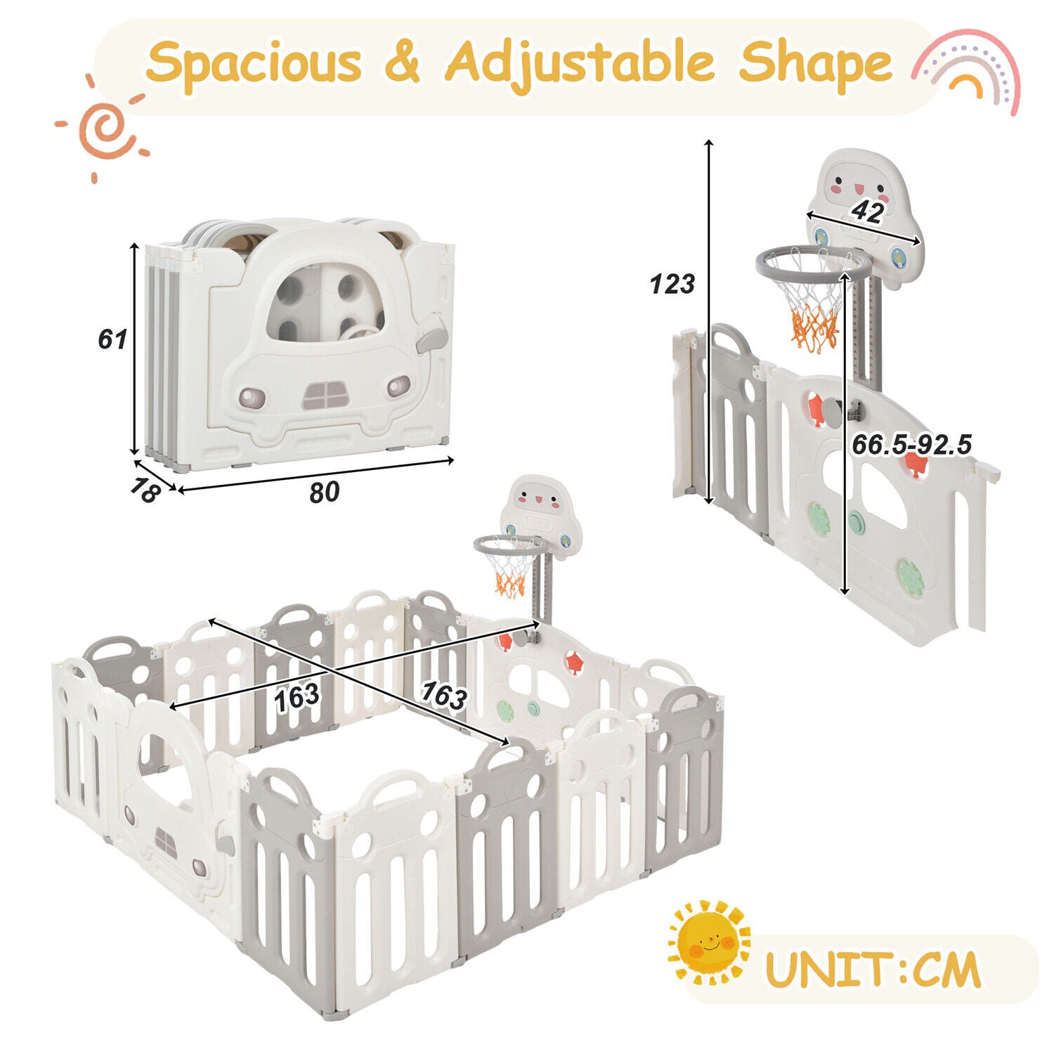 14 Panels Foldable Baby Playpen with Activity Panel & Basketball Hoop Grey HT