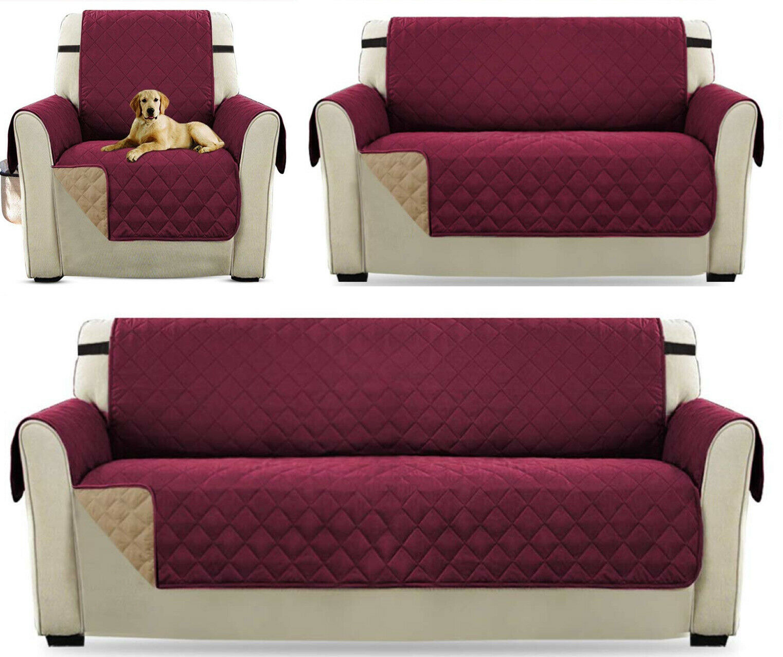 REVERSIBLE Quilted Sofa Cover Furniture Protector Throw Waterproof WITH STRAP