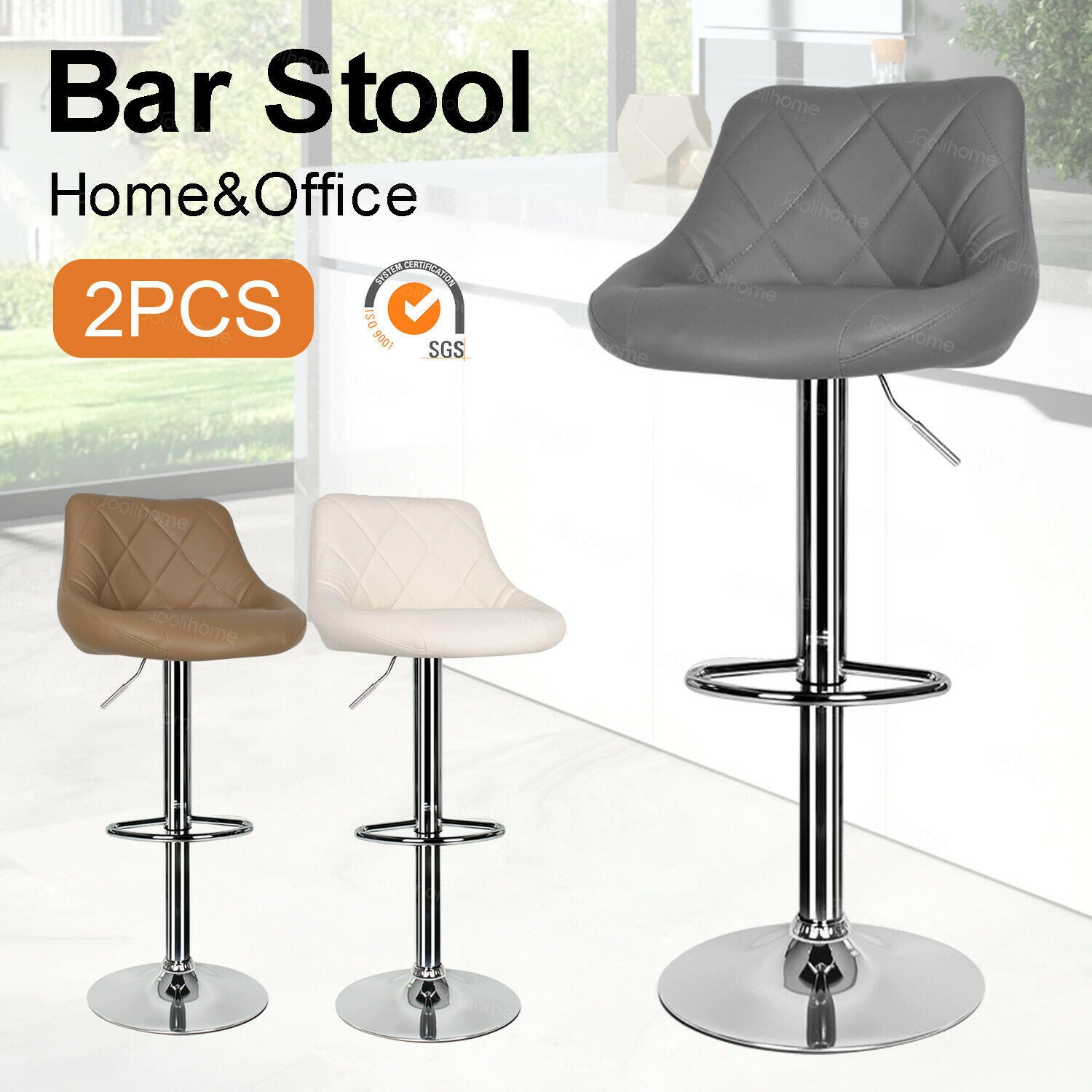 2×Bar Stools Leather Chairs Breakfast Chairs Swivel Gas Lift Kitchen Cushioned