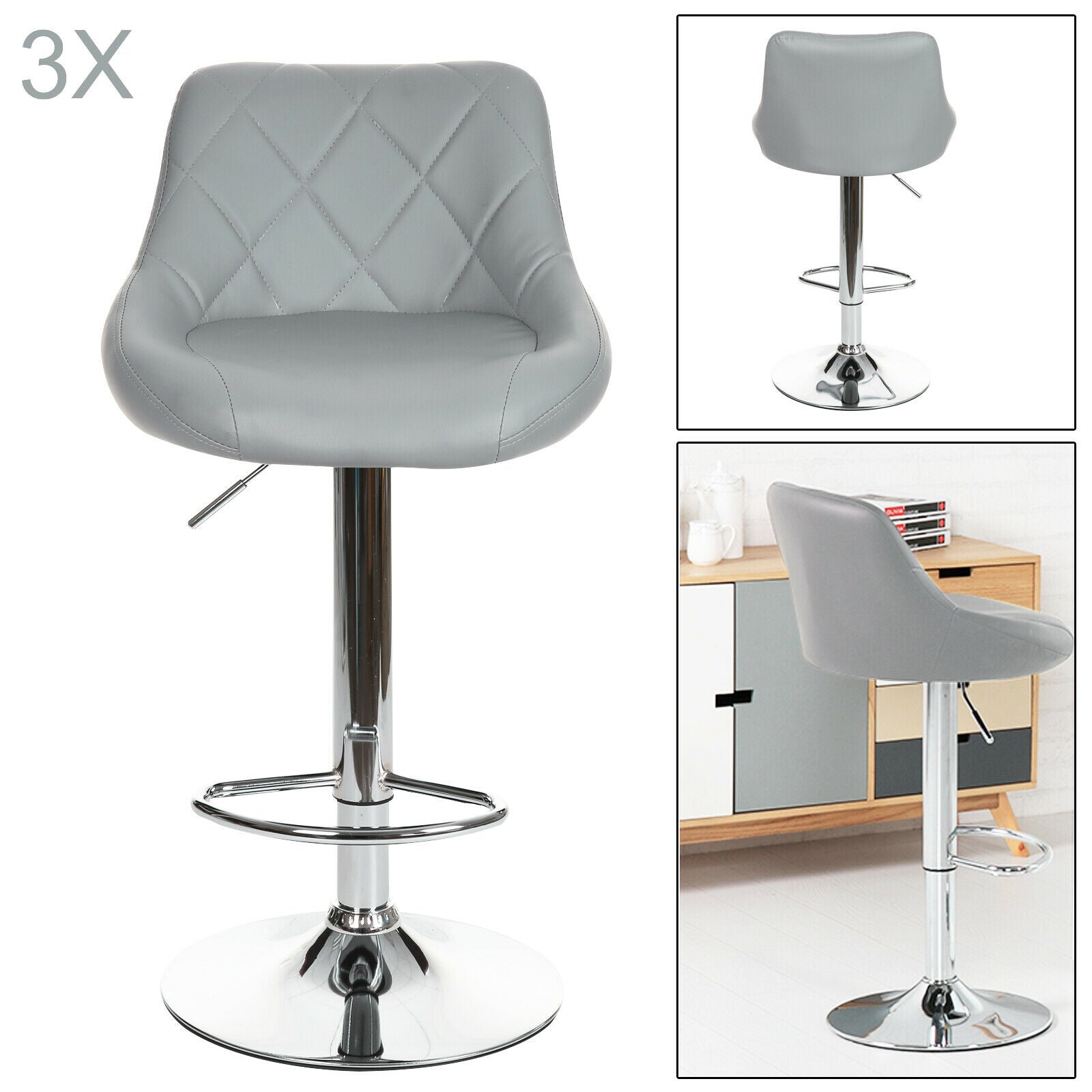 PACK OF 3 GREY MADRID GAS LIFT BAR STOOLS BREAKFAST KITCHEN BAR ETC NEW