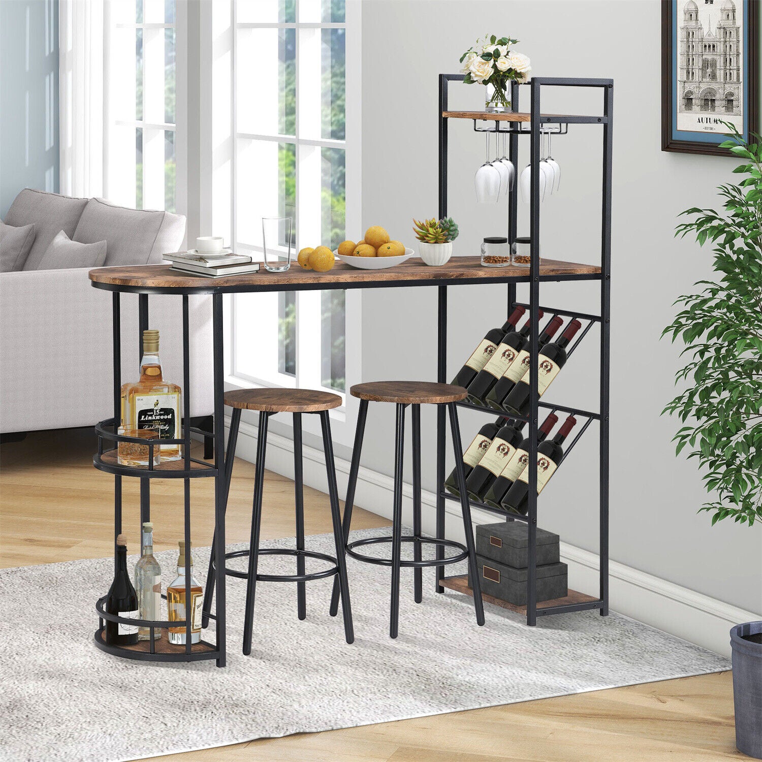 Industrial Bar Table Set with 2 Chairs Dining Set w/ Wine Rack Side Storage HT