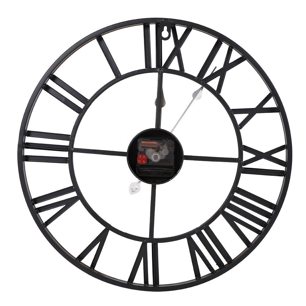 60cm Roman Numeral Wall Clock Indoor Outdoor Garden Metal 60CM Round Face Black