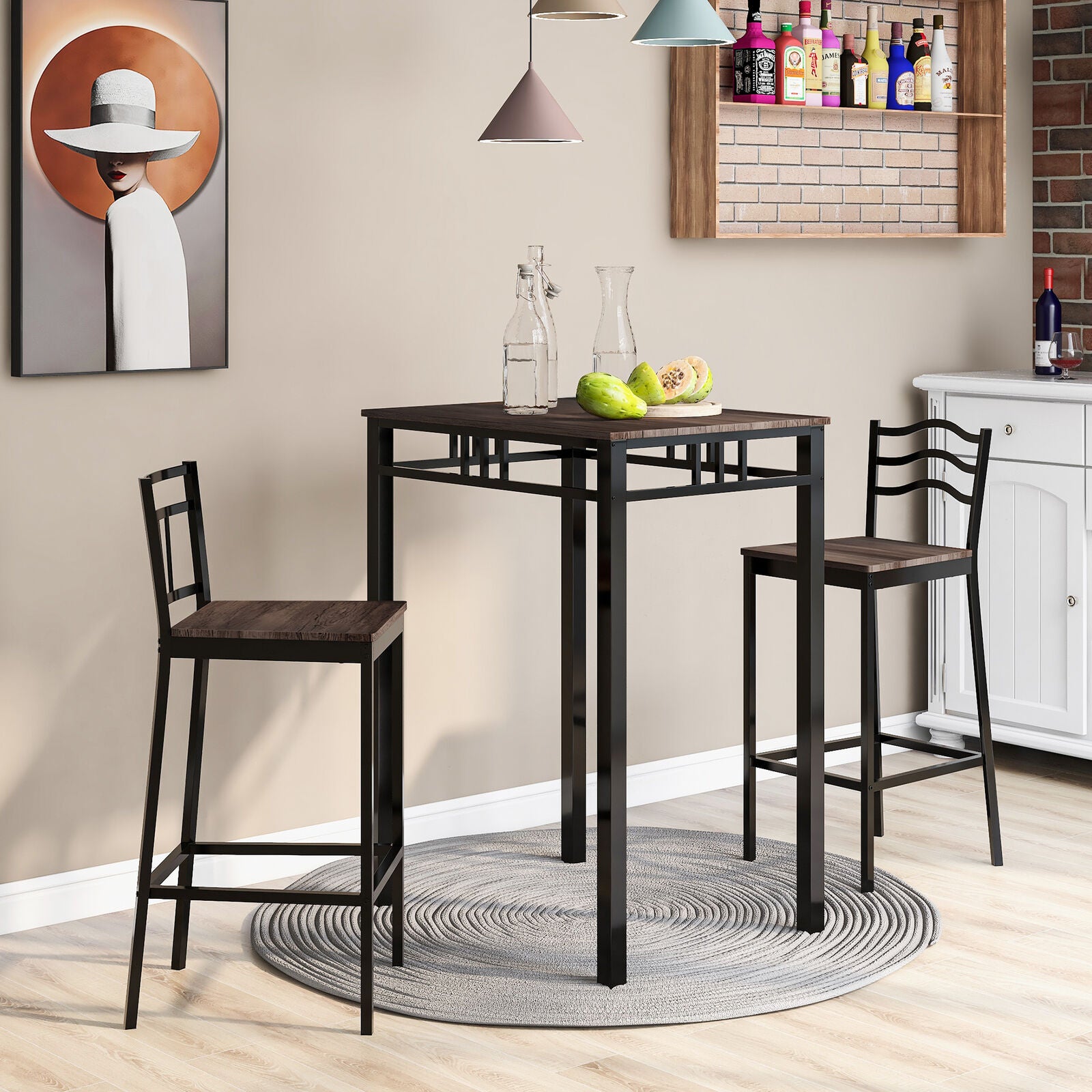 Breakfast Bar Dining Table and 2 High Chairs Stools Kitchen Dining Room Modern