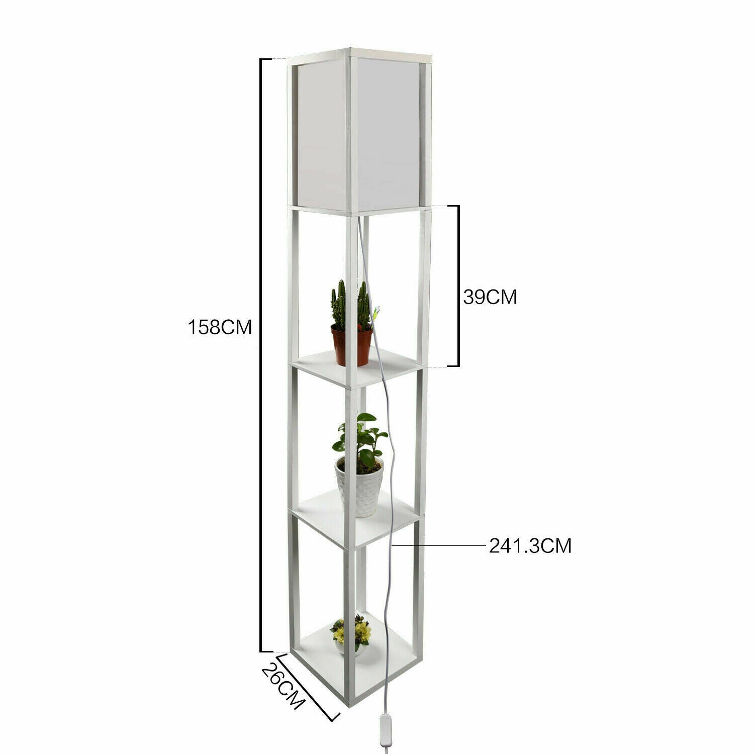 3-Tier Shelf Floor Lamp with Shade Free Standing Standard Light Storage White