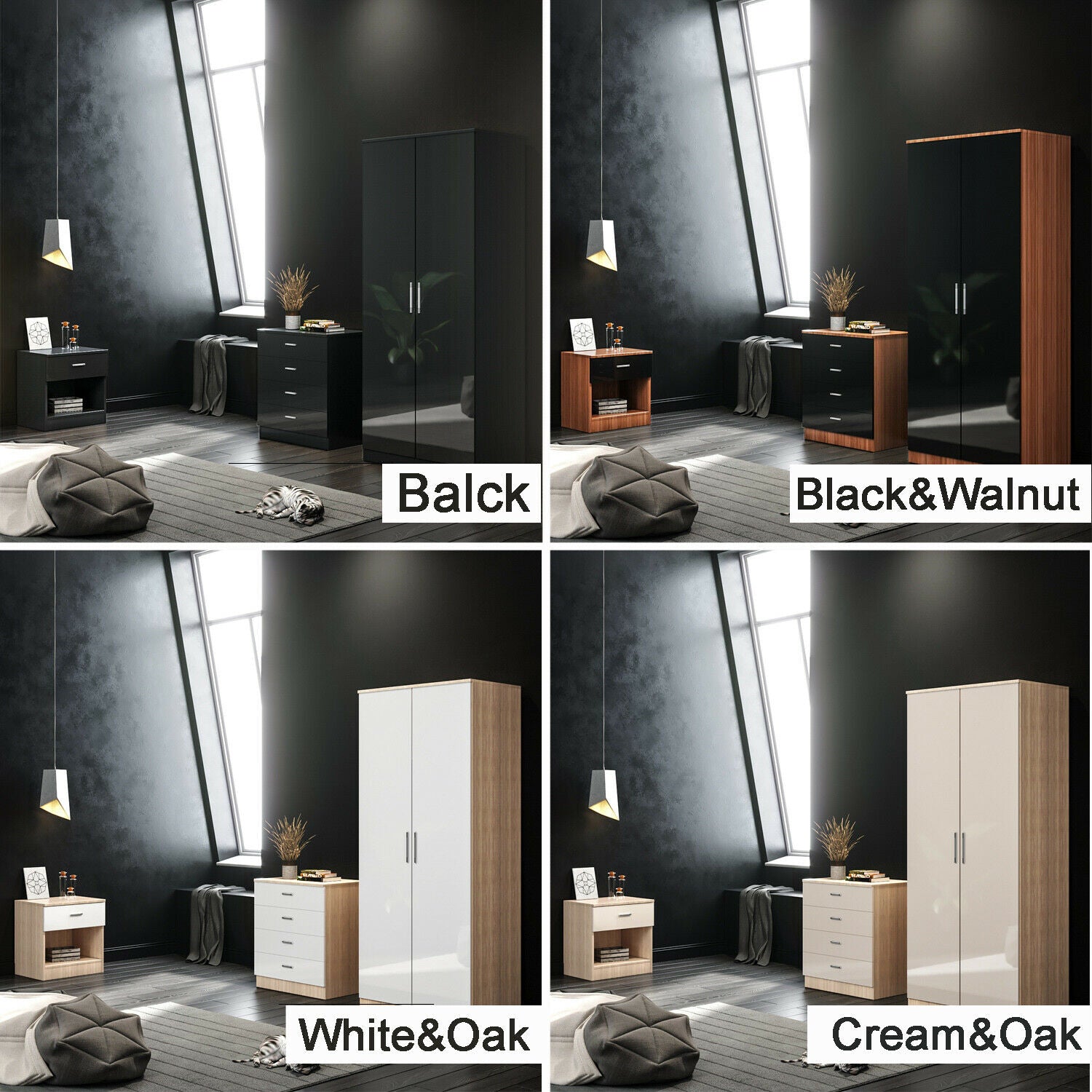 High Gloss 3 Piece Bedroom Furniture Sets Wardrobe Chest Bedside Free Delivery