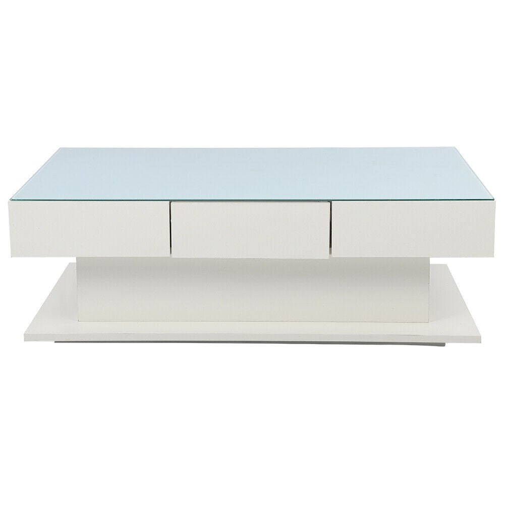 Modern Coffee Table High Gloss 2 Drawers Tempered Glass Living Room Furniture