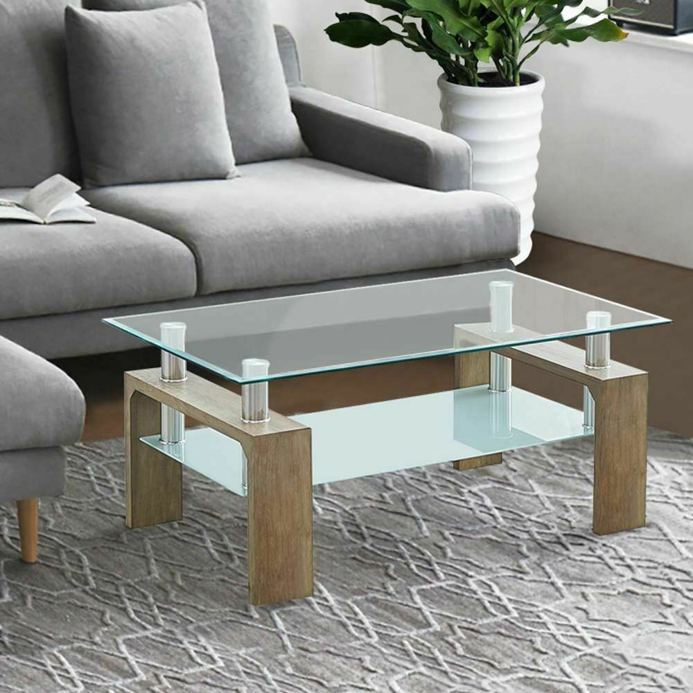 Rectangle Glass Coffee Table Modern Living Room Furniture Top Lower Shelf Chrome