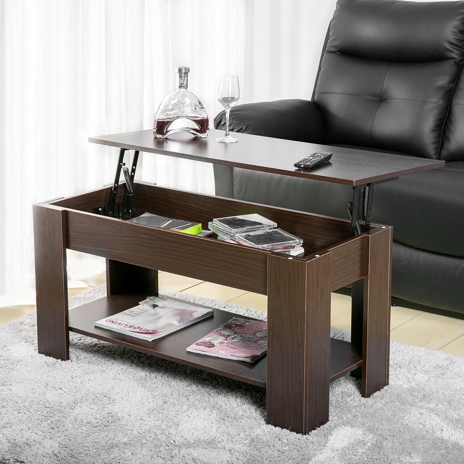 Hydraulic Lift Up Coffee Tea Table End Table with Living Room 100cm Wodden