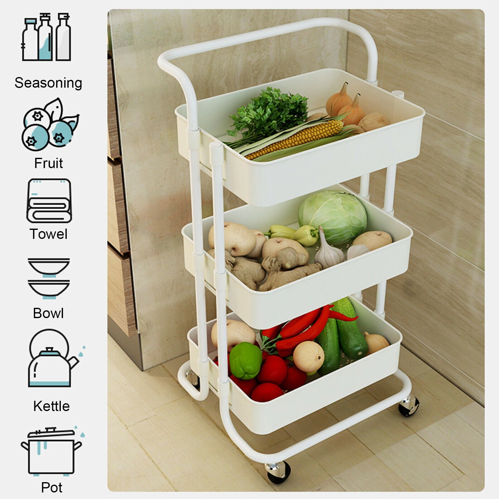3 Tier Slim Kitchen Storage Trolley Cart Rack Tray Shelf Rolling Wheel W/ Handle