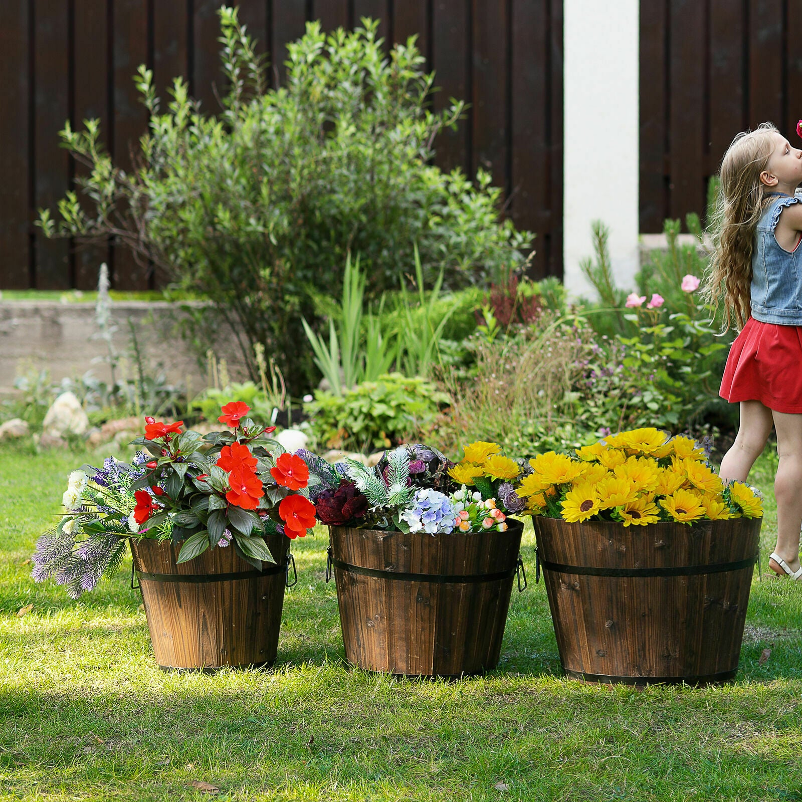 2PC Rustic Wood Whiskey Barrel Wooden Planter Round Plant Pot Outdoor Garden