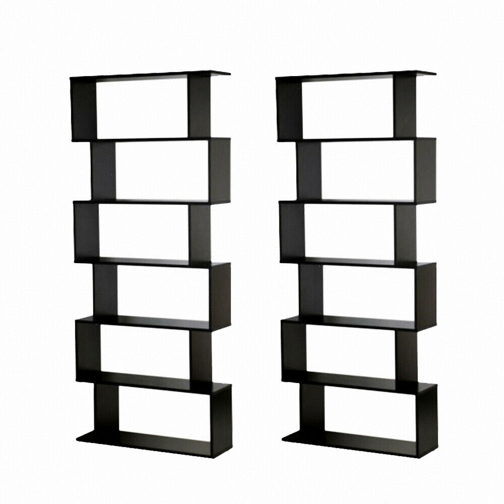 Black Bookcase 6 Tier S Shape Free Standing Storage Unit Bookshelf Shelves