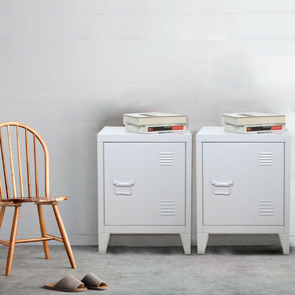 1 Pair Vintage Industrial Bedside Tables Retro Locker Side Cabinets White